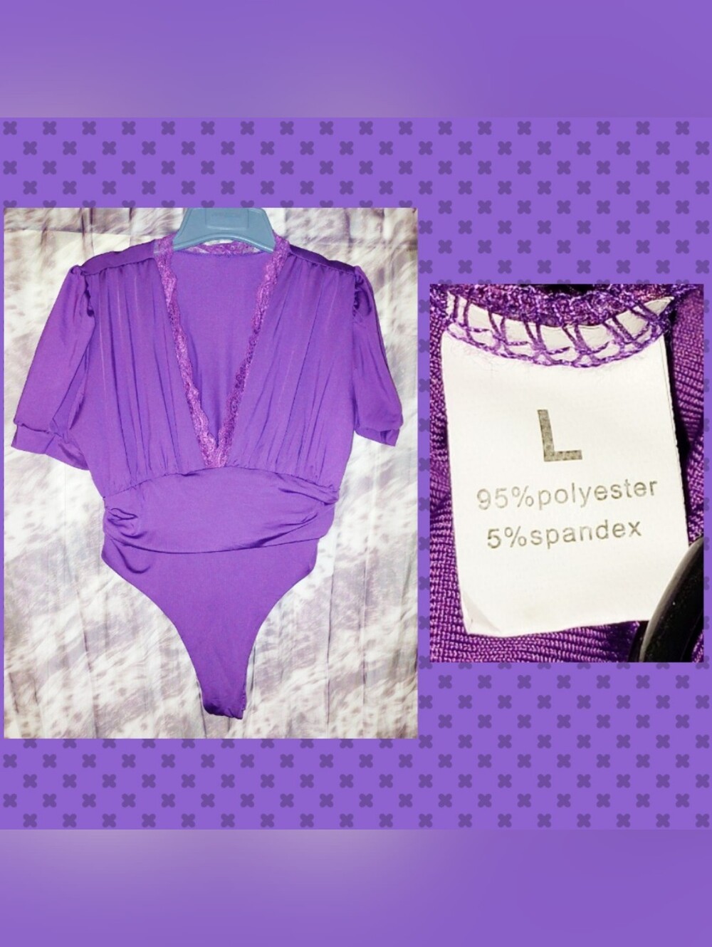 Unknown brand Grape Purple Lace Trim Deep V-Neck Soft Knit Bodysuit Sz Large